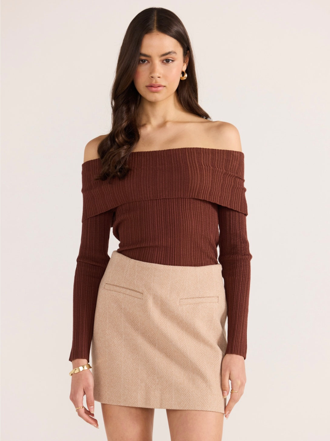 Zoe Off Shoulder Knit Top - Chocolate