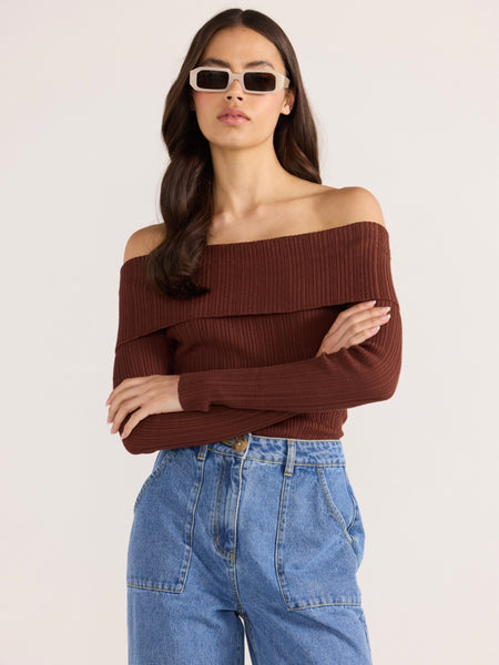 Zoe Off Shoulder Knit Top - Chocolate