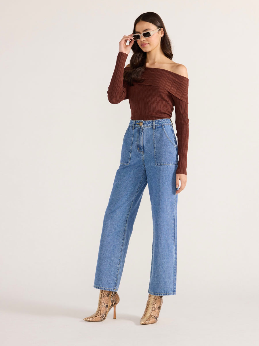 Zoe Off Shoulder Knit Top - Chocolate