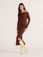 Zoe Off Shoulder Knit Top - Chocolate