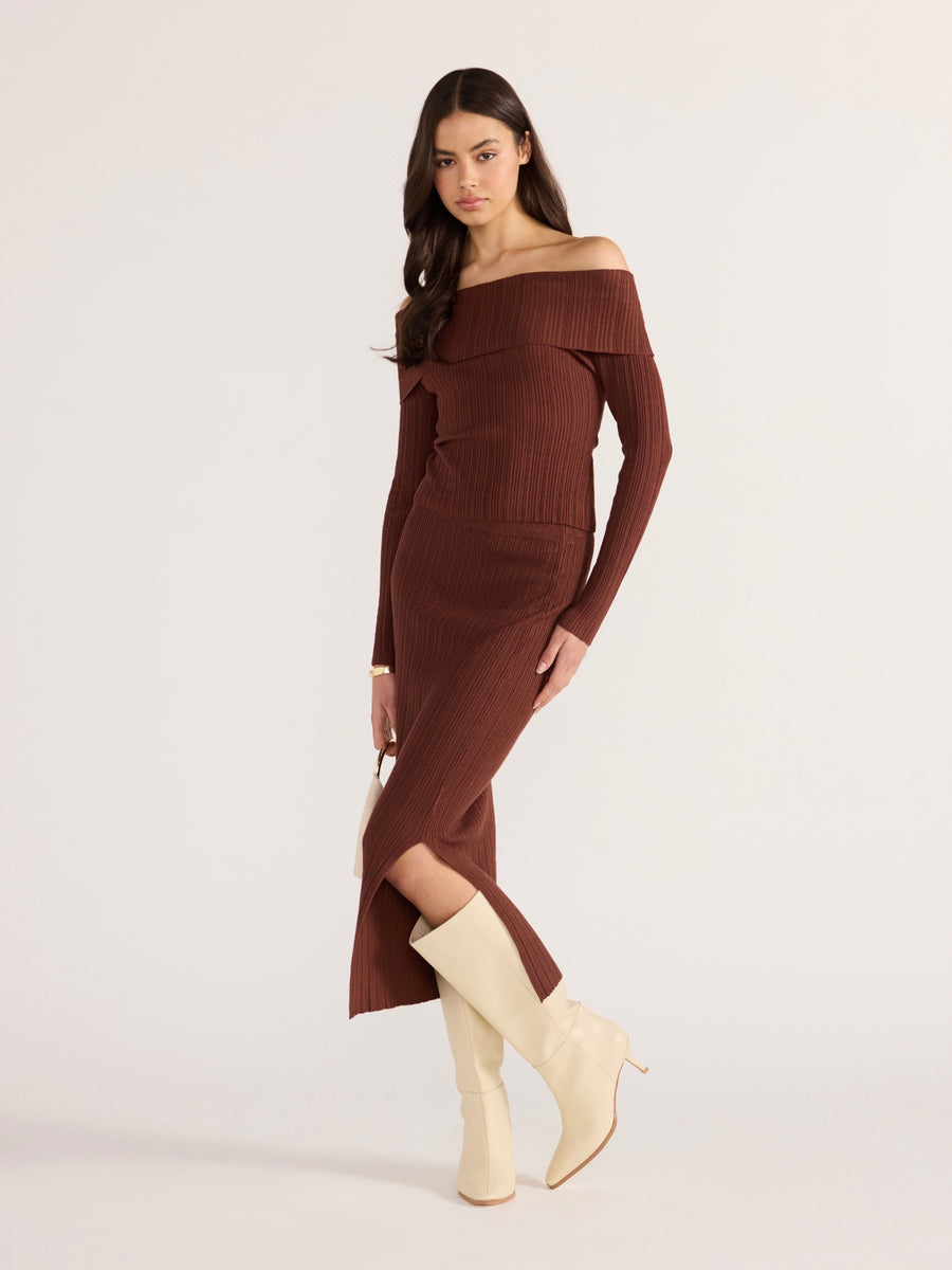 Zoe Off Shoulder Knit Top - Chocolate