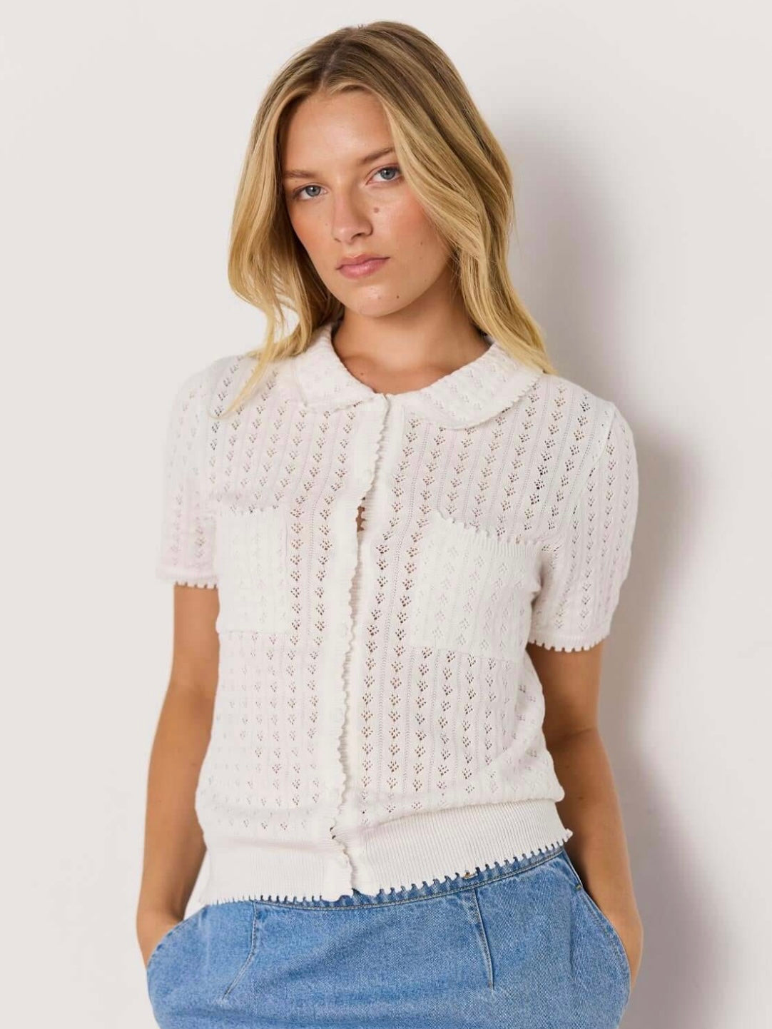 Lila Pointelle Knit Tee - White