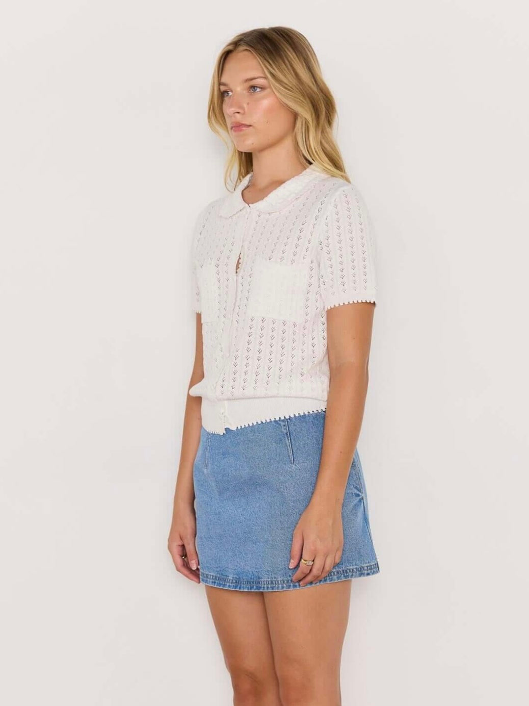 Lila Pointelle Knit Tee - White