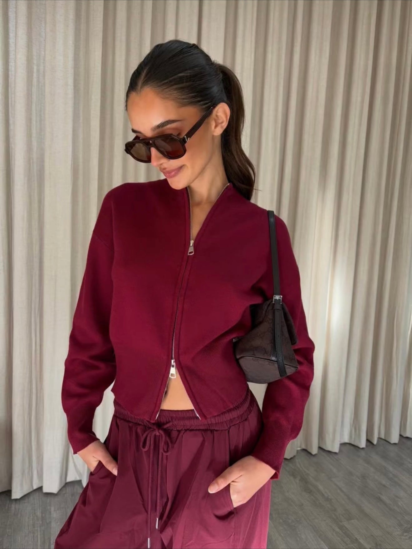 Erica Zip Cardigan - Wine